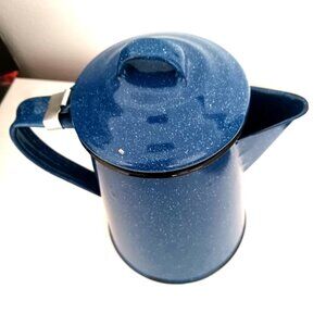 Vintage Blue Enamelware Coffee Pot with Hinged Lid+ White Flecks